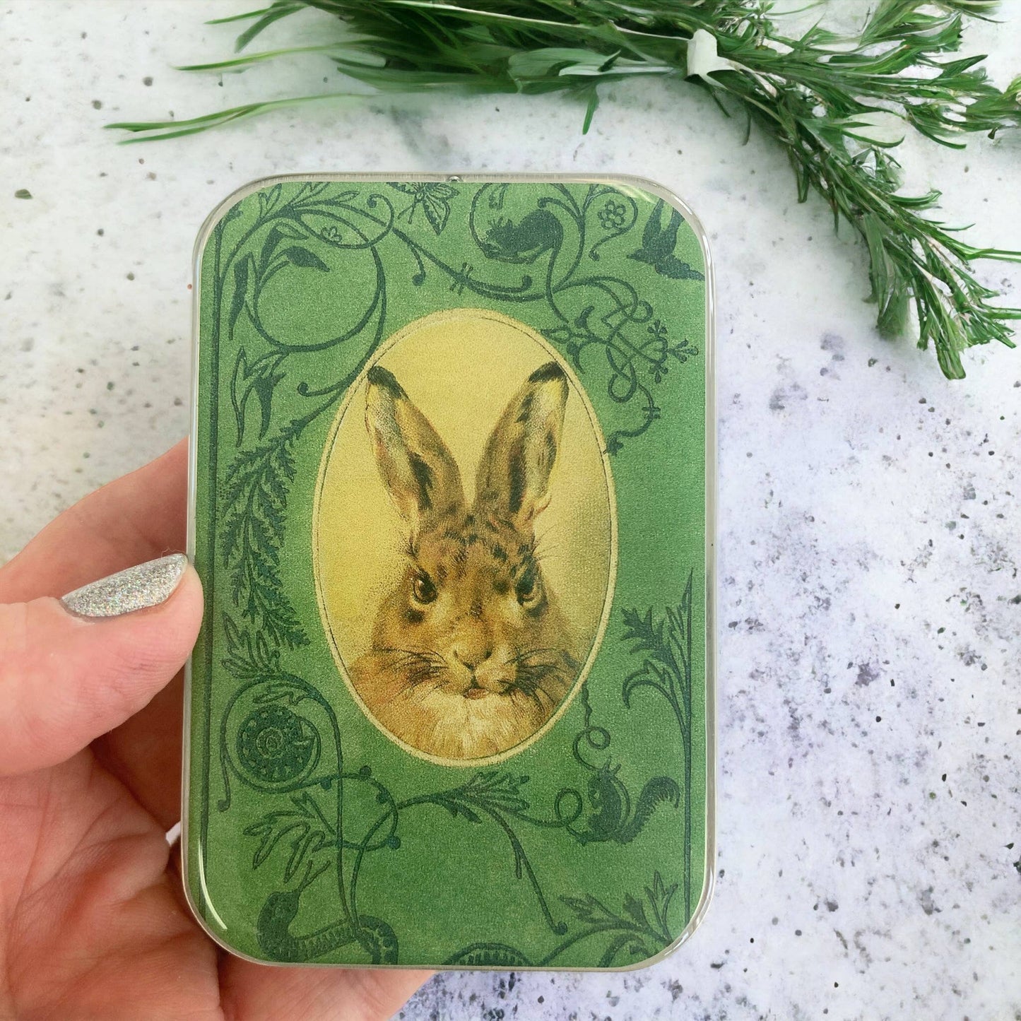 Bunny notions tin, stitch marker tin
