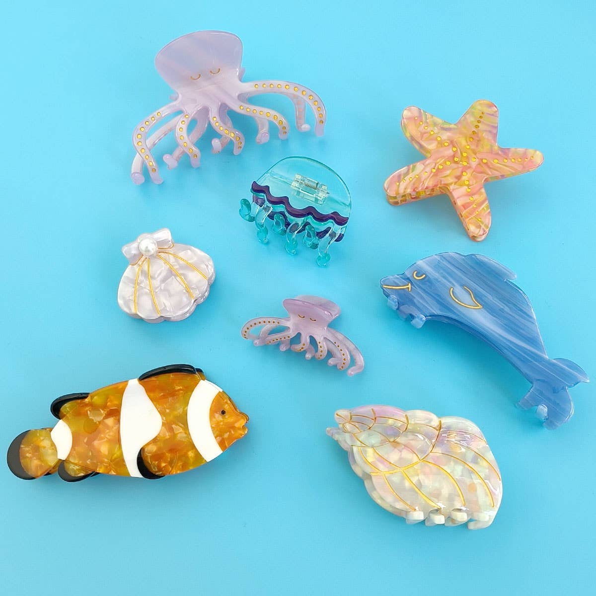 OCEAN BEACH FISH SEASHELL ACRYLIC HAIR CLAW CLIPS _CWAHA0552 – ōSHen Knits