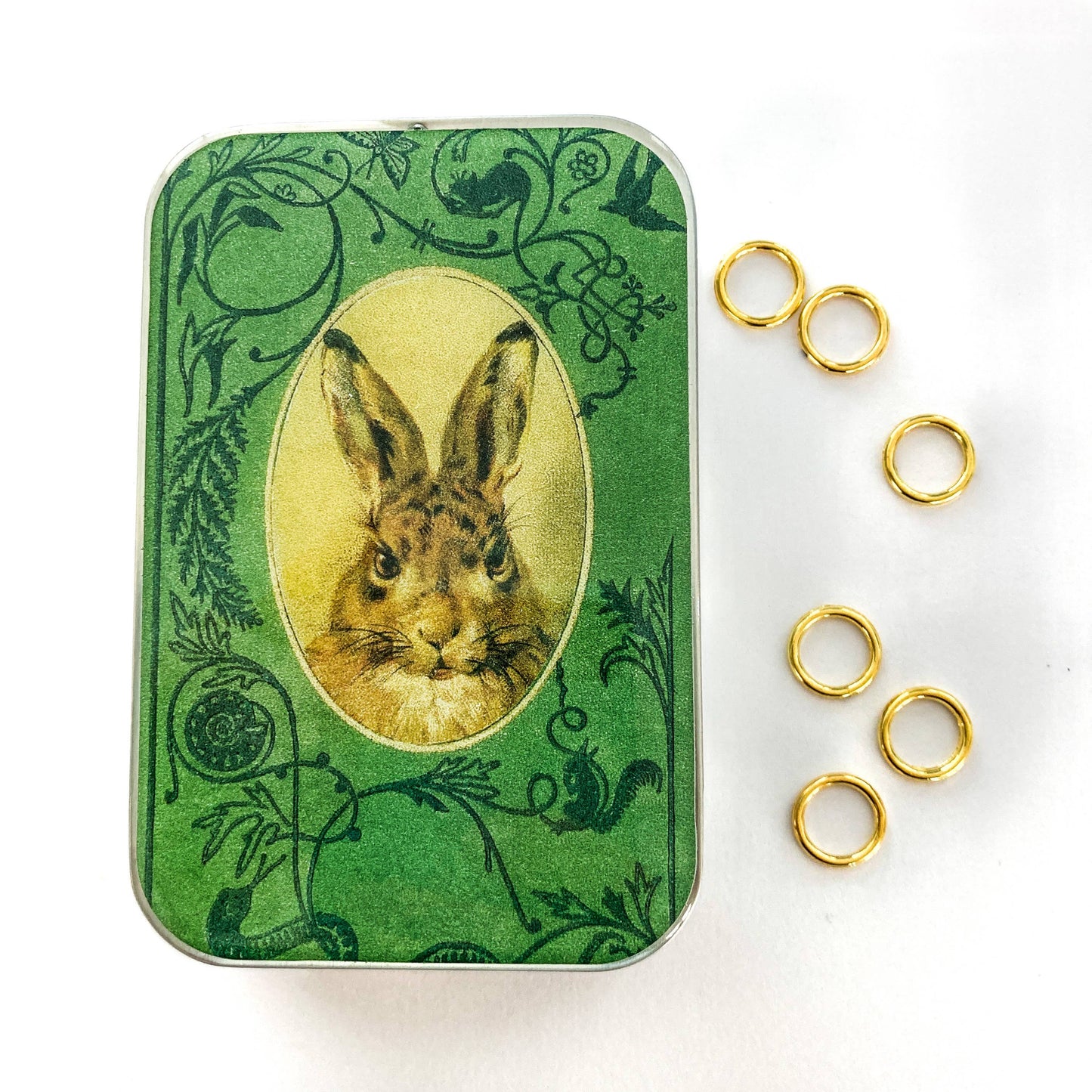 Bunny notions tin, stitch marker tin