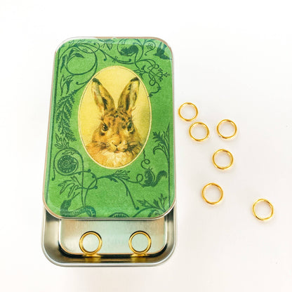 Bunny notions tin, stitch marker tin