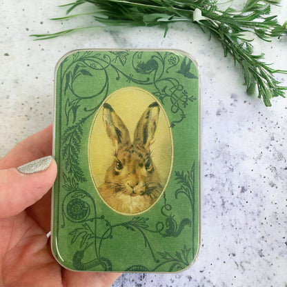 Bunny notions tin, stitch marker tin